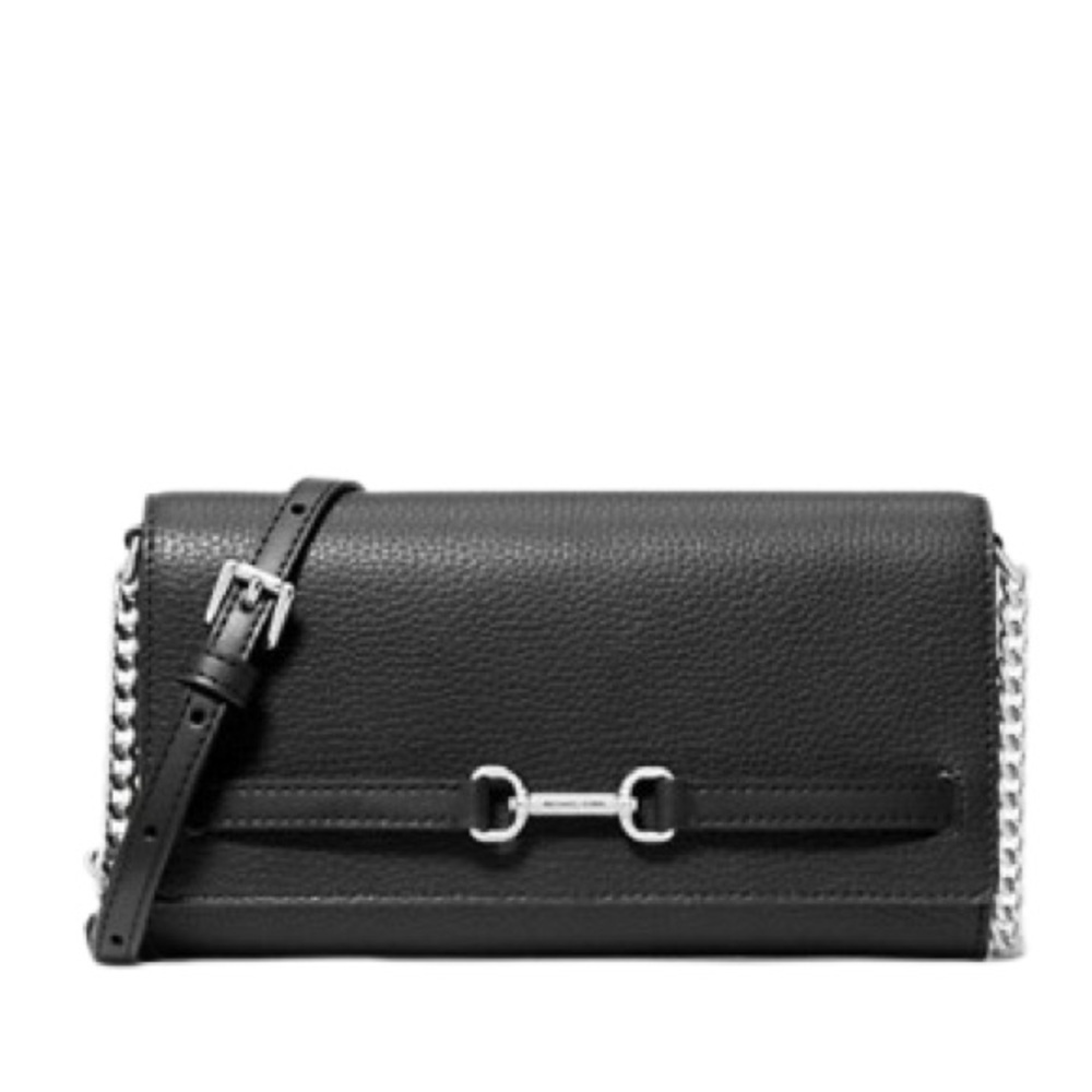 Michael Kors Pebbled Leather Wallet Crossbody Black Silver Chain Strap NWT